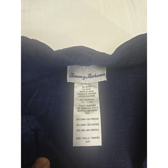 Tommy Bahama Women's Navy Linen St Lucia Boyfriend Shirt Size Small Roll Tab Raw - Picture 3 of 12
